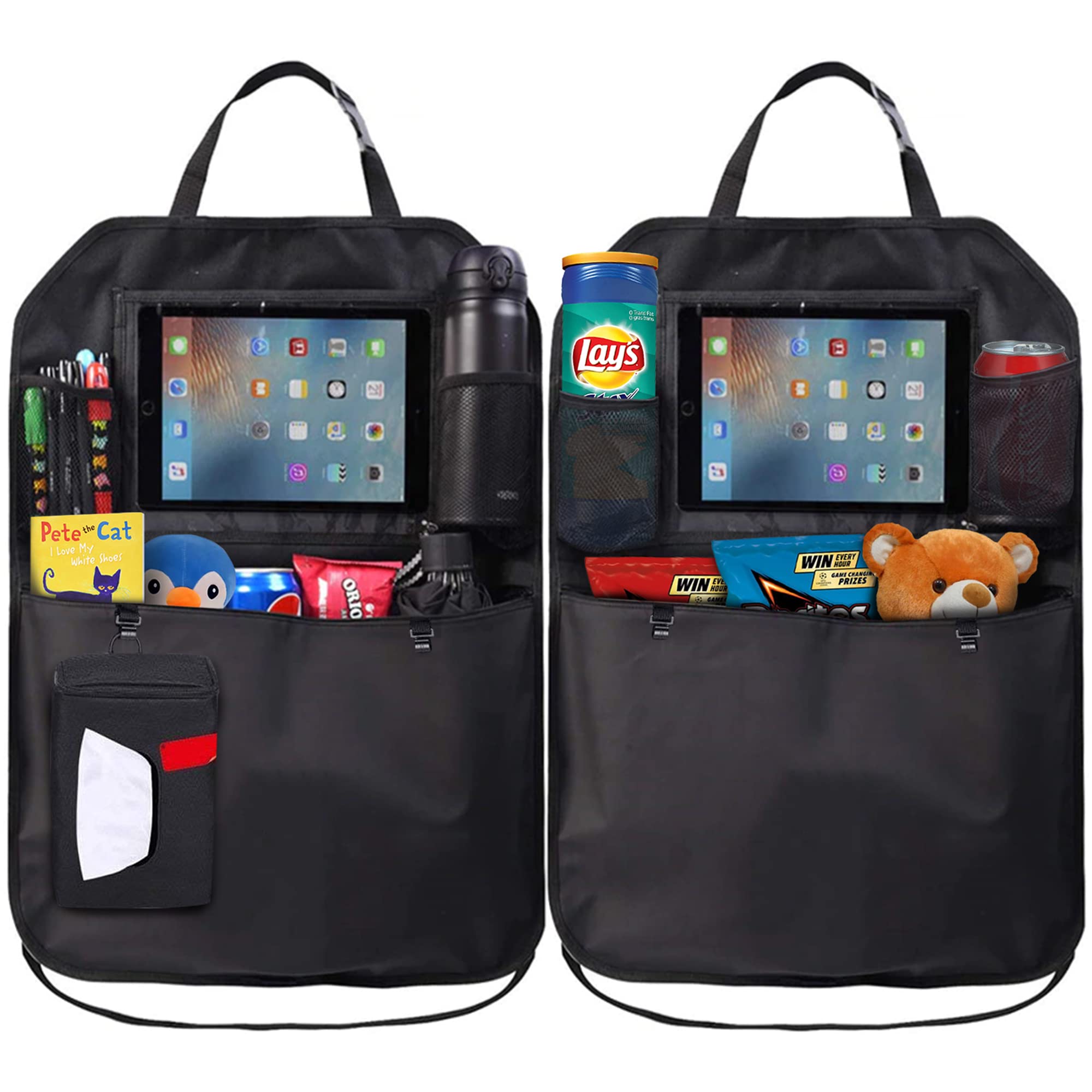 Geeney Car Seat Back Organiser, 2 Pcs Car Organizer Built-In iPad Car holder Tablet Holder Multi-Pocket Cargo Storage Kick Mats Protectors Travel Hanger,Tissue Box For Car, SUV, Trunk, Baby Stroller