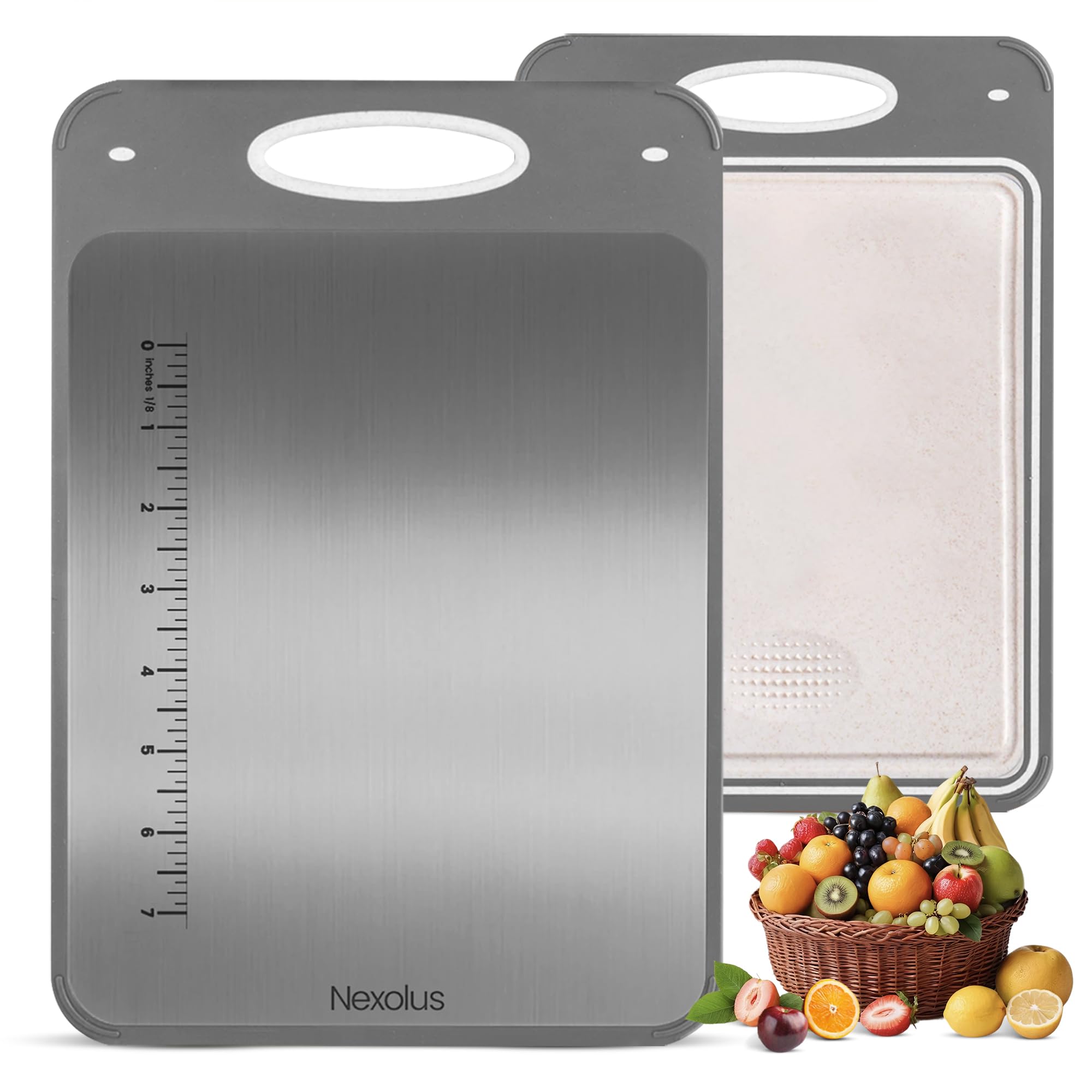 Photo 1 of Nexolus 2 Pack Titanium Cutting Board Set, Large Double Sided - 16x11" + 14x9" - Stainless Steel Cutting Board for kitchen with Deep Juice Groove, Built-In Measurement Scale & Easy to Clean