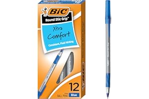 BIC Round Stic Grip Extra Comfort Fine Blue Ballpoint Pens, Medium Point (0.8 mm), 12-Count Pack, Excellent Writing Pens With