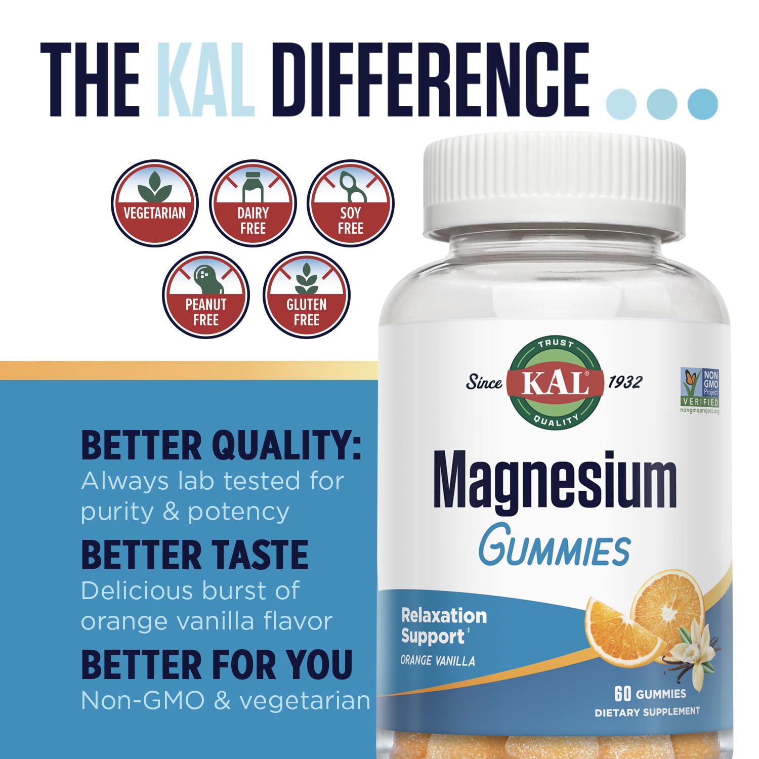KAL Magnesium Citrate Gummies - Relaxation, Bone, Muscle and Cellular Energy Support - 330mg Magnesium Supplement - Orange Vanilla Flavor - Non-GMO, Vegetarian - 60 Magnesium Gummies