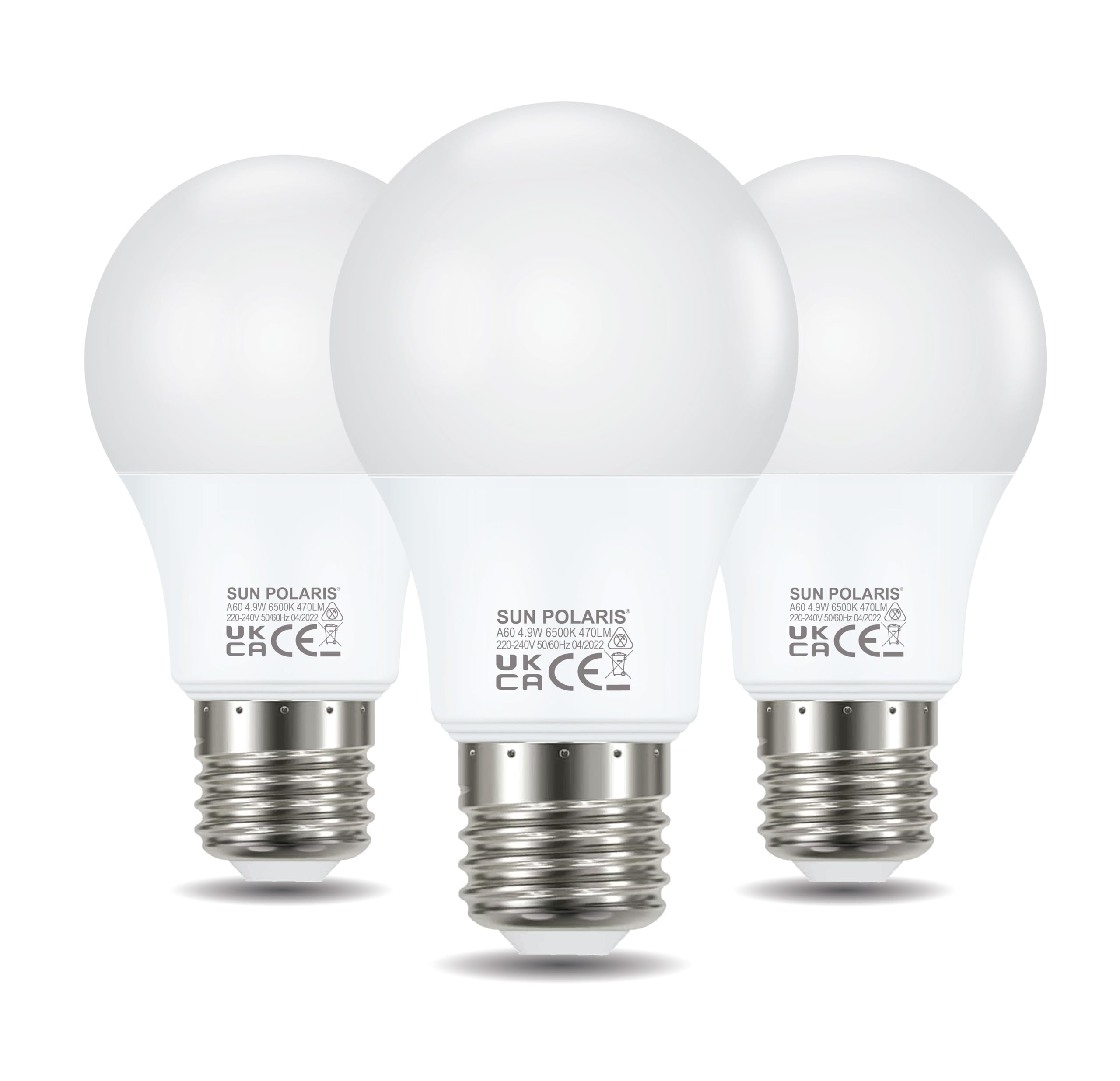 SUN POLARIS E27 Led Bulb - Daylight 6500k 40w Equivalent 4.9 Watt Lightbulbs, 470 Lumen Energy Saving Non Dimmable Edison Screw Lightbulb, A60 GLS Bright Natural White Light Bulbs for Home Pack of 3