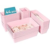 Vtopmart 44 PCS Plastic Drawer Organizers Set, 4-Size Versatile Bathroom and Vanity Organizer Trays, Non-Slip Storage Containers for Makeup, Jewelries, Bedroom,Kitchen Utensils and Office, Pink