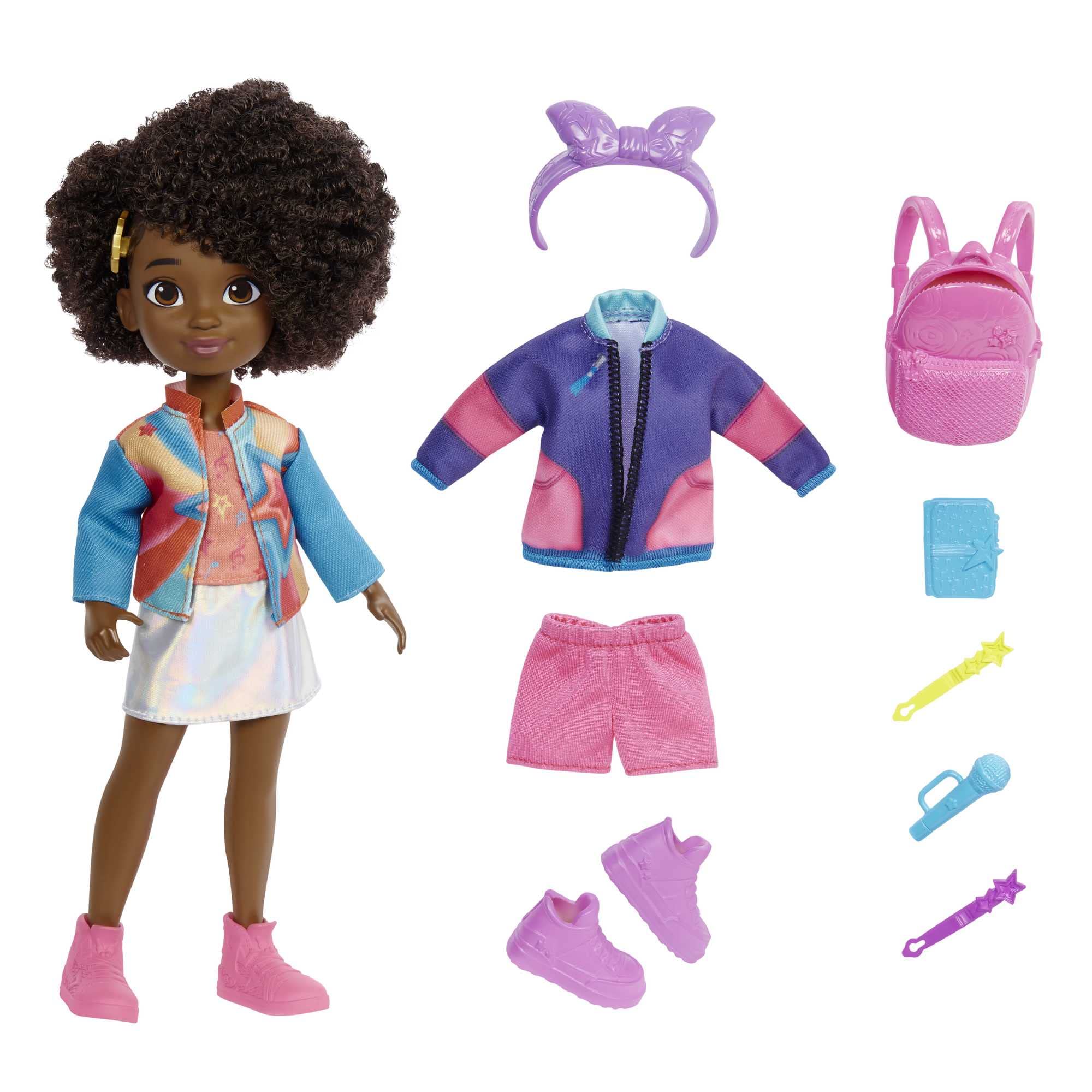 Mattel Karma’s World School to Stage Fashion Pack 14-Piece Set with Doll (8.7-in), Clothes, and Accessories for Styling Play, HHJ26