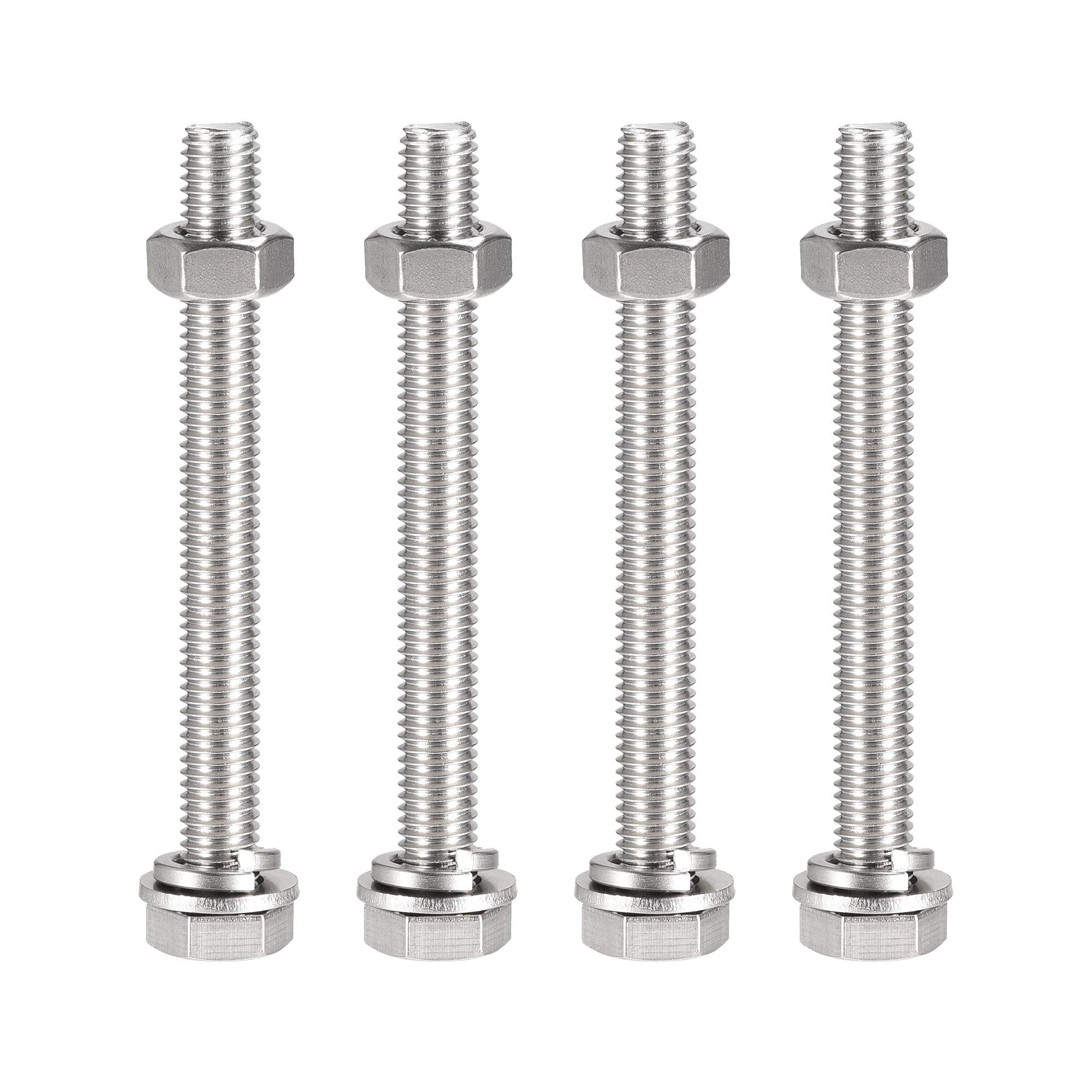 sourcing map M10 x 100mm Hex Head Screws Bolts, Nuts, Flat & Lock Washers Kits, 304 Stainless Steel Fully Thread Hexagon Bolts 4 Sets