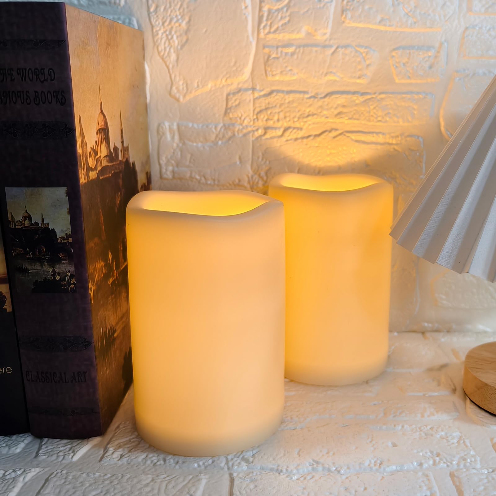 Photo 1 of Plastic Battery Operated Flameless LED Pillar Candle with Cycling Timer, 4‘’x6'' Realistic Flickering Electric Light for Outdoor Bookshelf Wedding Dinner Party Centerpiece Fireplace Decor 2 Pack