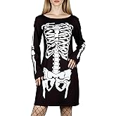 DANAZANA Halloween Skeleton Dress for Women Long Sleeves Funny Stretchy Midi Dresses S-XXL