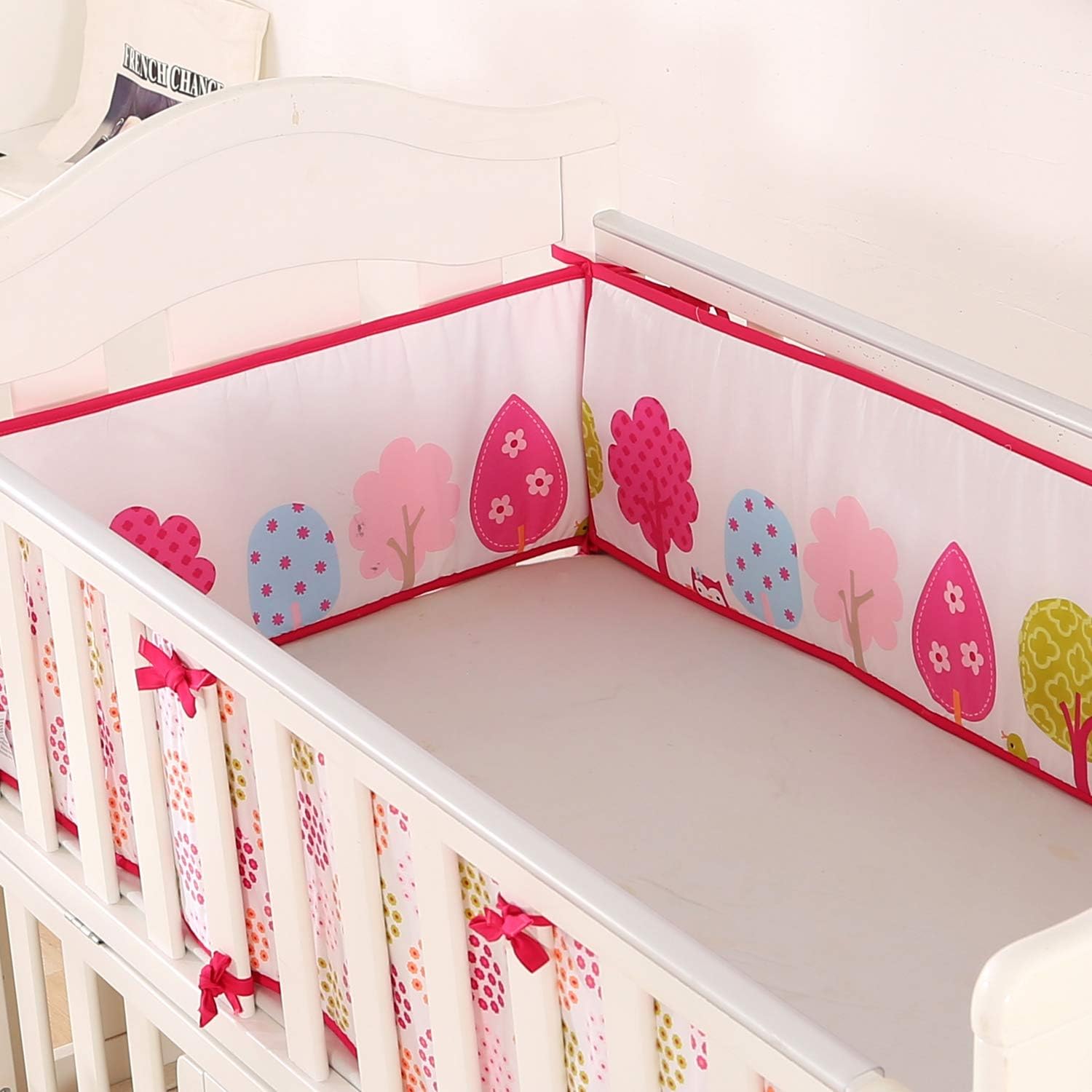 Baby Crib Bumpers Pink Breathable Bumper Pads 4 Piece Safe Nursery Washable Crib Bedding Padded Liner Set for Baby Girls and Boys (Trees Animals)