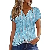 Disamer Summer Tops for Women Petal Short Sleeve Shirts Dressy Pleated Tunic 2026 Casual V Neck Button Down Blouses