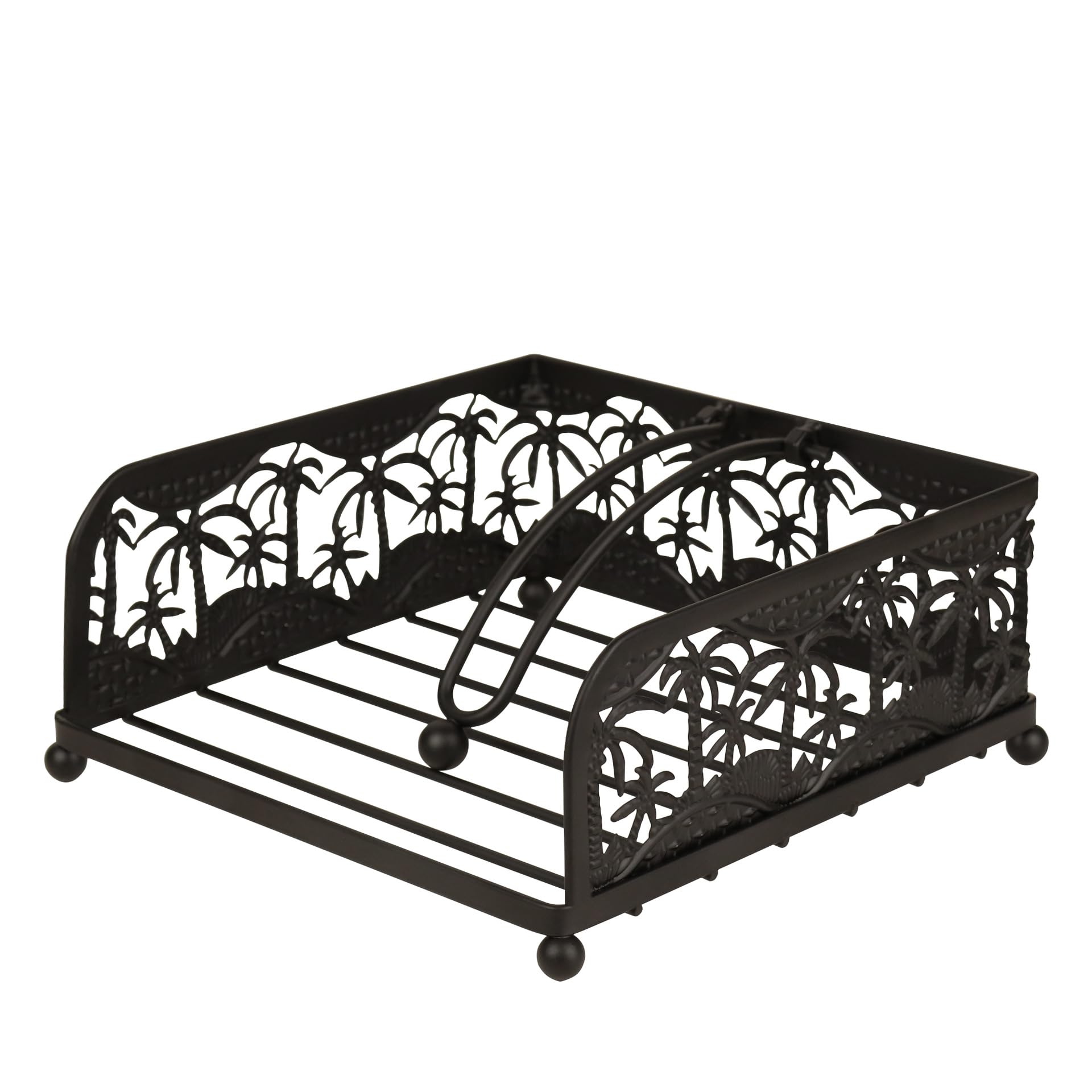 Photo 1 of Flat Napkin Holder Coastal Palm Tree Cutout Design, Metal Nautical Paper Napkin Dispenser with Weighted Arm for Kitchen and Dining Tables, Black