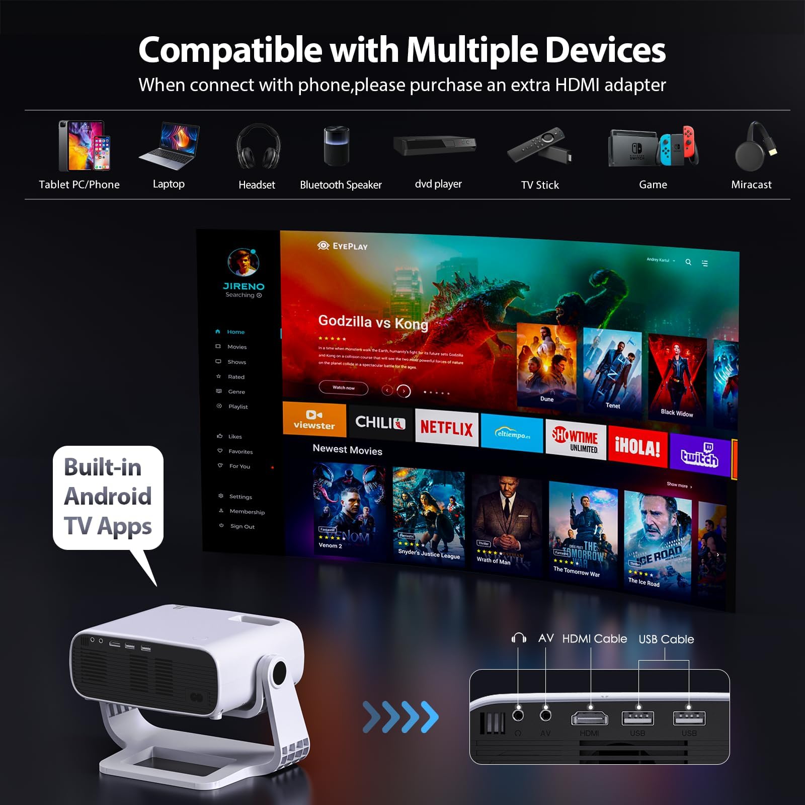 Smart Projector with WiFi 6 and Bluetooth Built-in Apps - 4K Support Portable Bedroom Mini Projector Native 1080P , 2025 New Auto Keystone & Zoom Home Theater Cinema Movie Proyector, 120° Stand