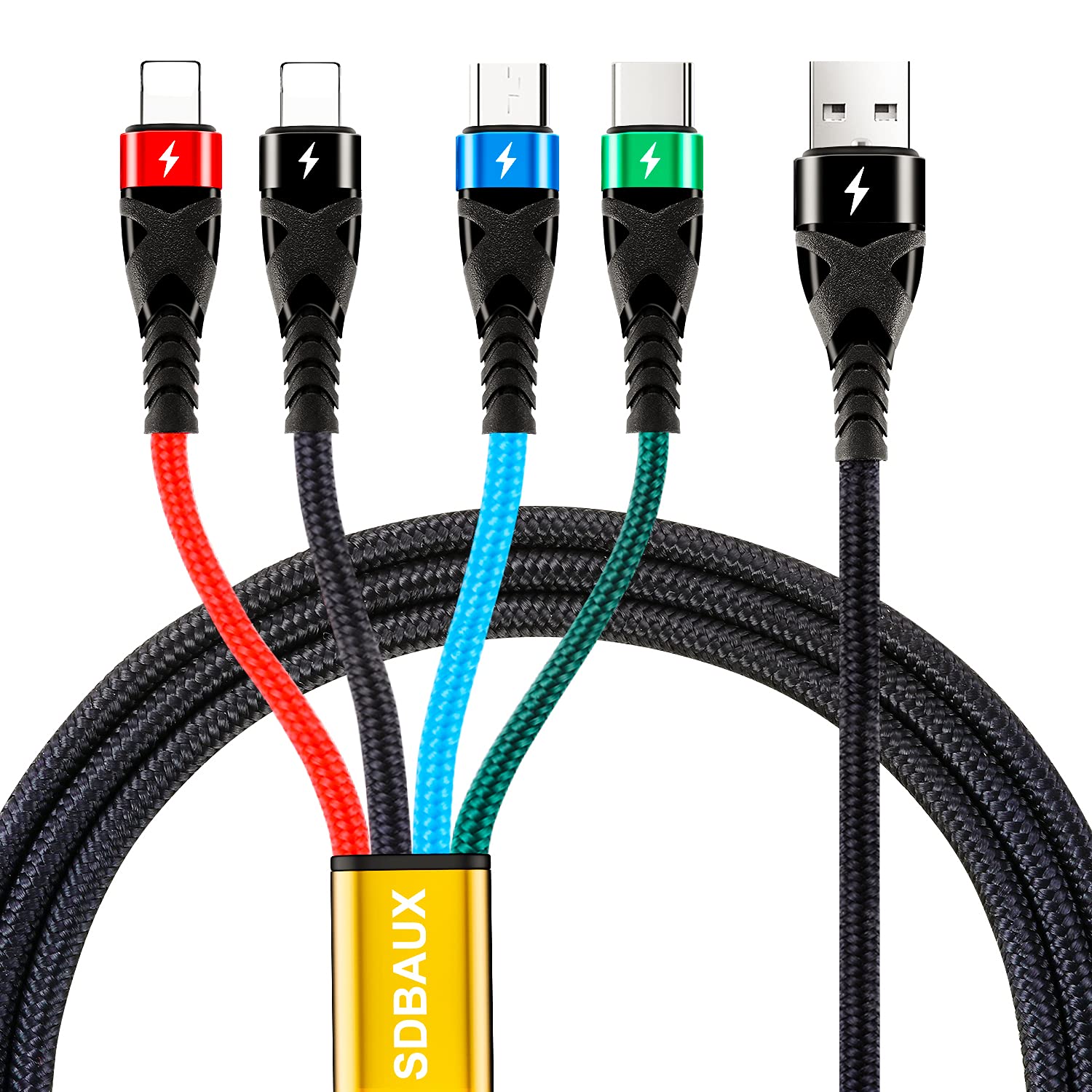 SDBAUX Multi 4 in 1 Charging Cable, [ 3A/1.2M ] Universal Braided USB Fast Charger Cord, with 2*iP/USB Type C/Micro USB Connectors, for iOS Phone, Samsung Galaxy, LG, Moto, Huawei, Sony, Xiaomi, PS4