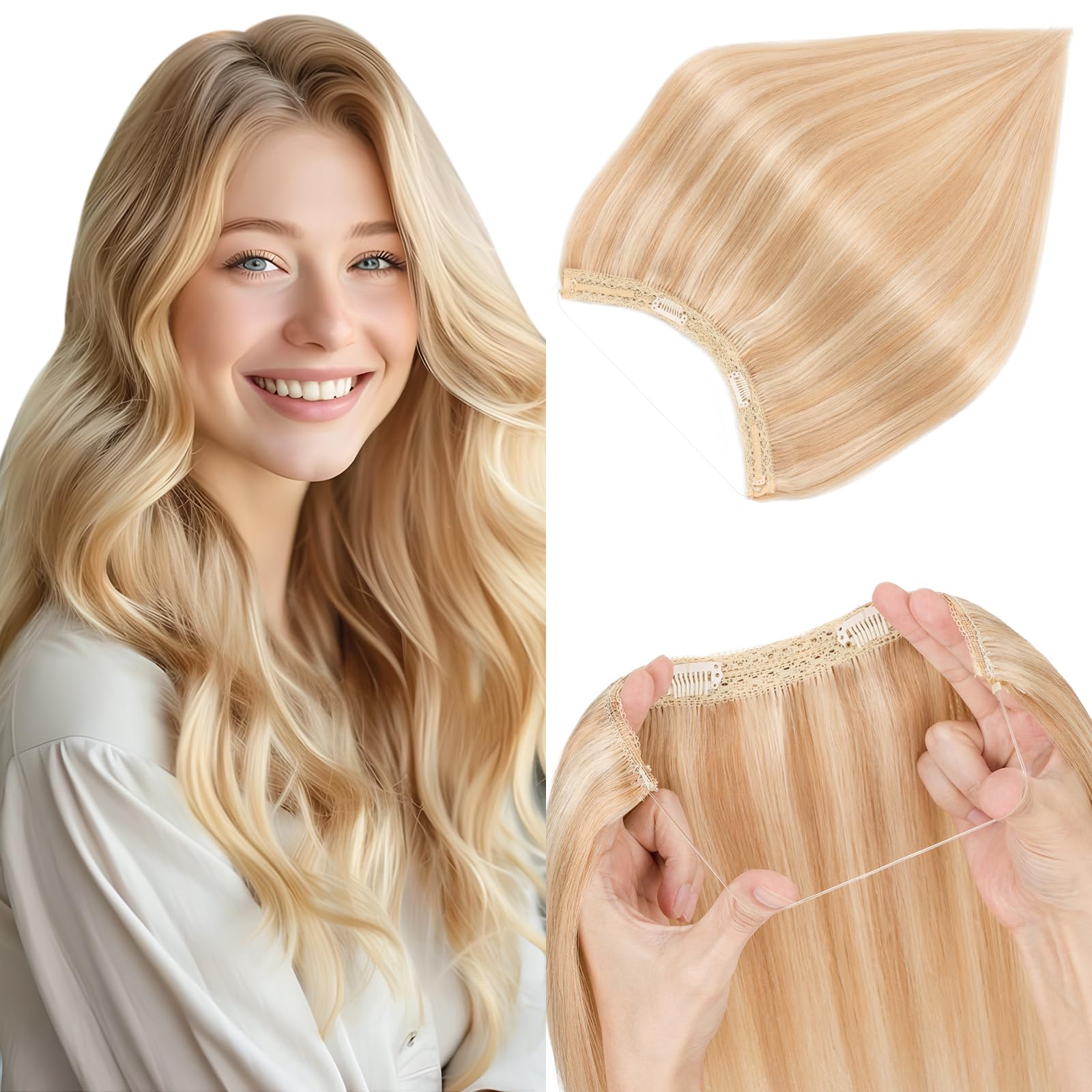 Elailite Secret Wire Clip in Hair Extensions Real Human Hair on Wire One Piece Invisible Headband Extension Straight (#18/613 Ash Blonde Mix Bleach Blonde, 18 Inch-65 g)