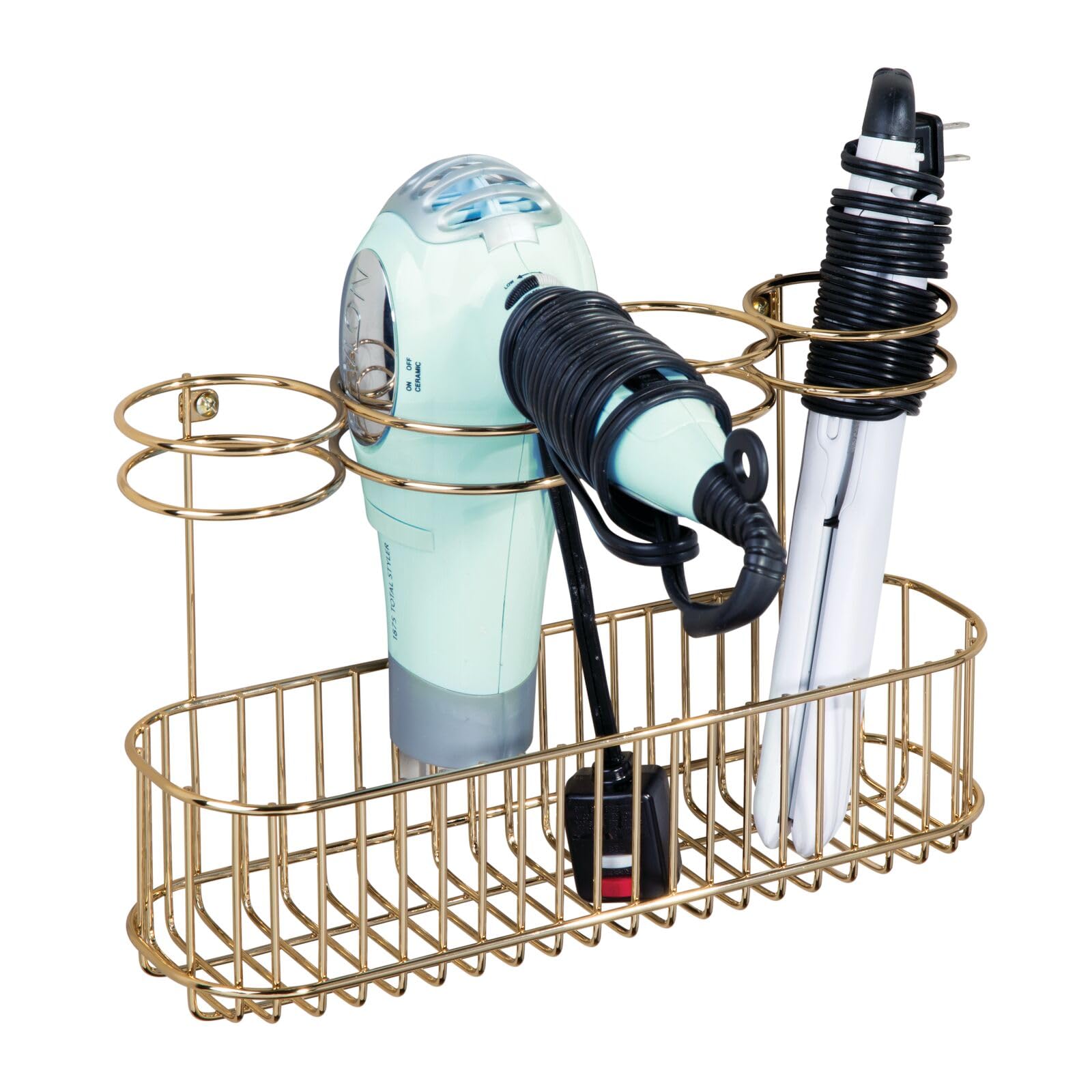mDesign Hair Dryer Caddy – Wall Mounted Storage Rack with 4 Compartments – Hair Tool Organiser for Dryers, Curling Wands, Straighteners – Brass
