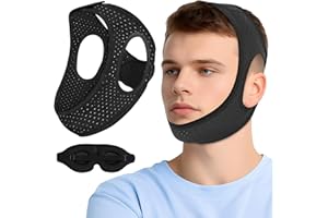AIR BLOW Chin Strap for Sleeping, Anti Snoring Devices Comfortable Effective Stop Snoring Solution, Snore Stopper Breathable, Anti Snore Chin Strap Adjustable Velcro, with Eye Mask, Black