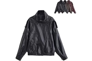 Women’s Oversized Faux Leather Jacket Casual Vintage High Collar Long Sleeve Zip-Up Fall Fashion Motorcycle Coat