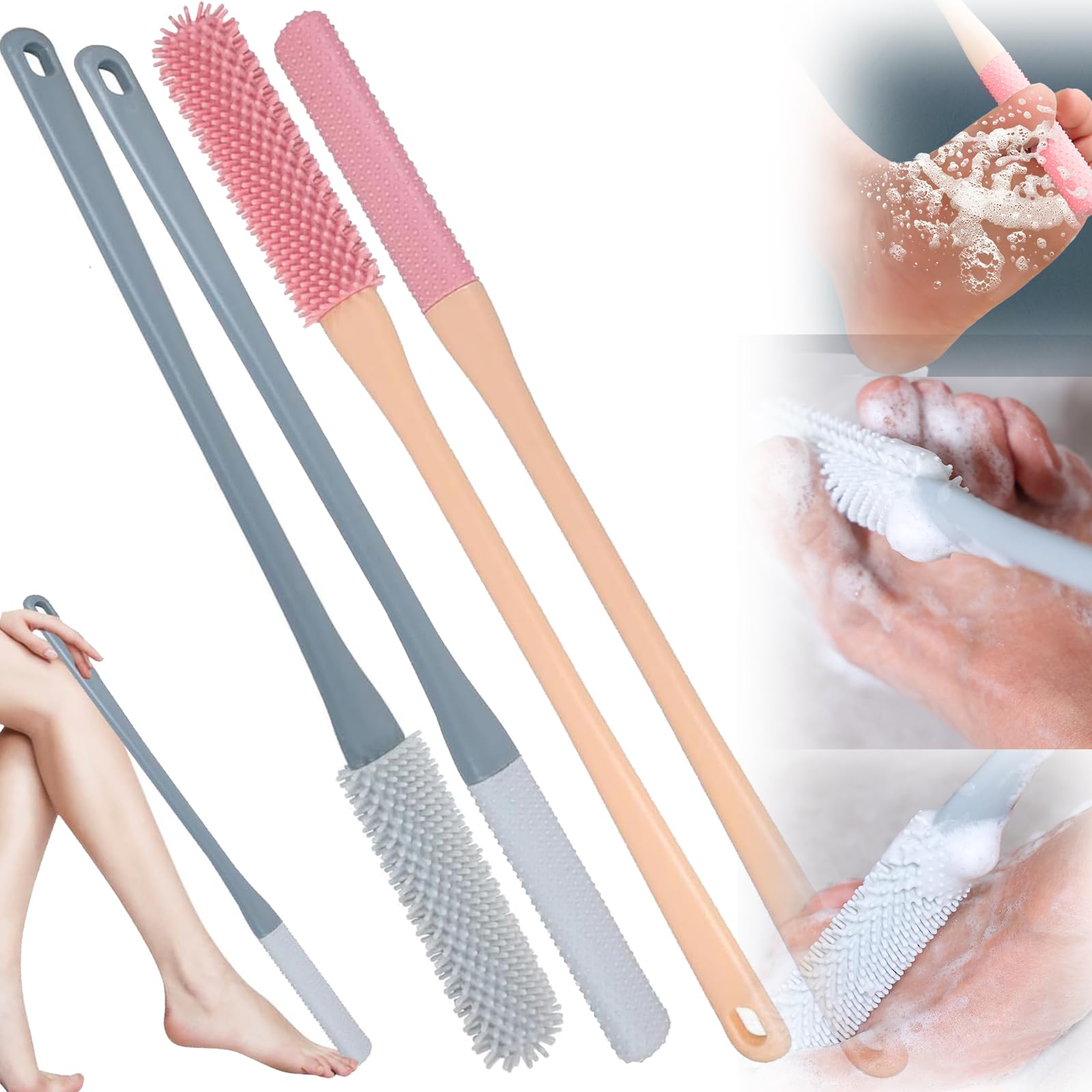 4PCS Toe Gaps Cleaning Brush,Silicone Foot Cleaning Brush with Long Handle,Toes and Feet Brushes with Two-Type Heads,Shower Foot Scrubber for Elderly (Pink&Gray)