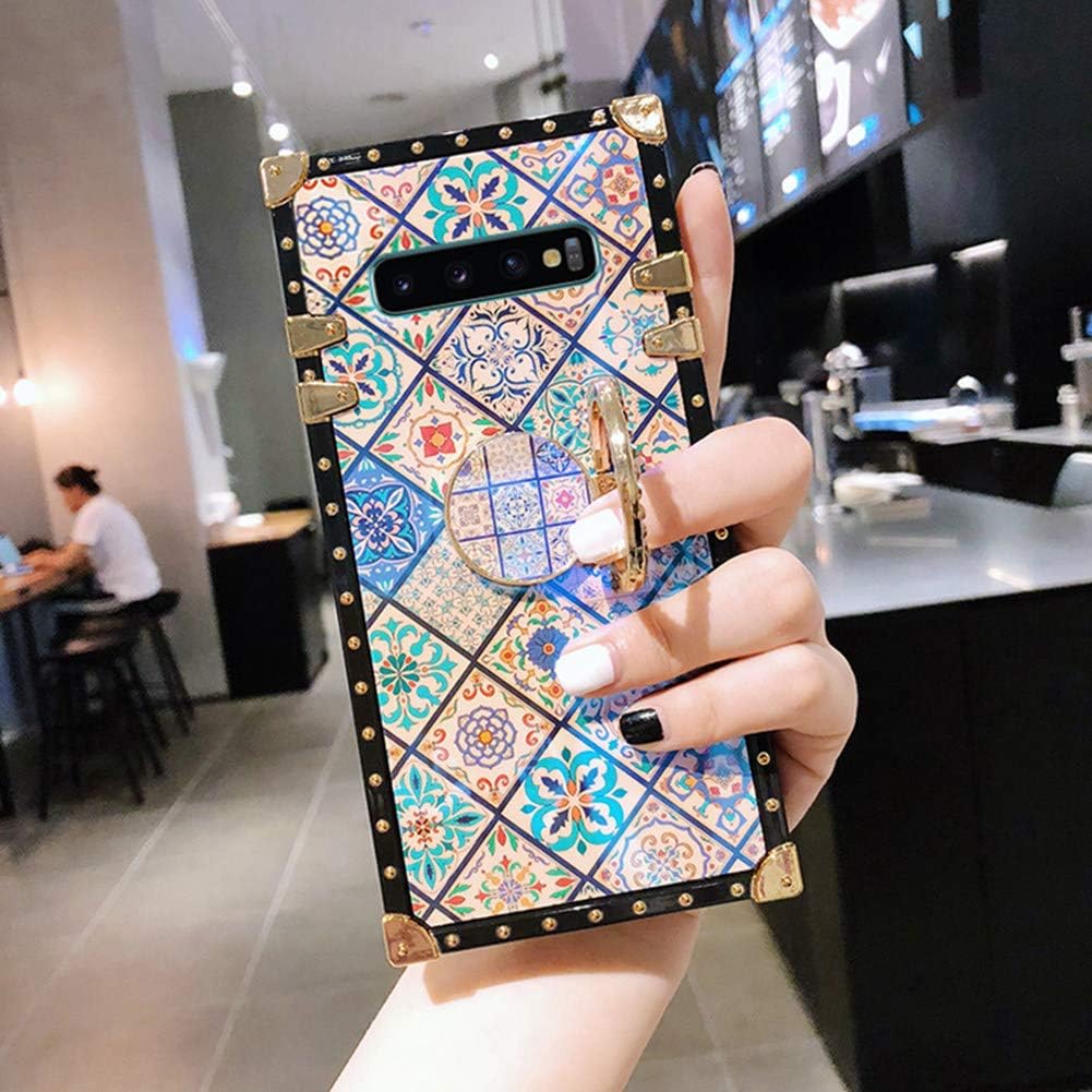 YonMeet Retro Square Blue Ray Phone Case for Samsung S9 Plus with Hold Ring Indian Hippie Bohemian Psychedelic Peacock Mandala Shockproof Cover (Pattern 2, Samsung S9 Plus)