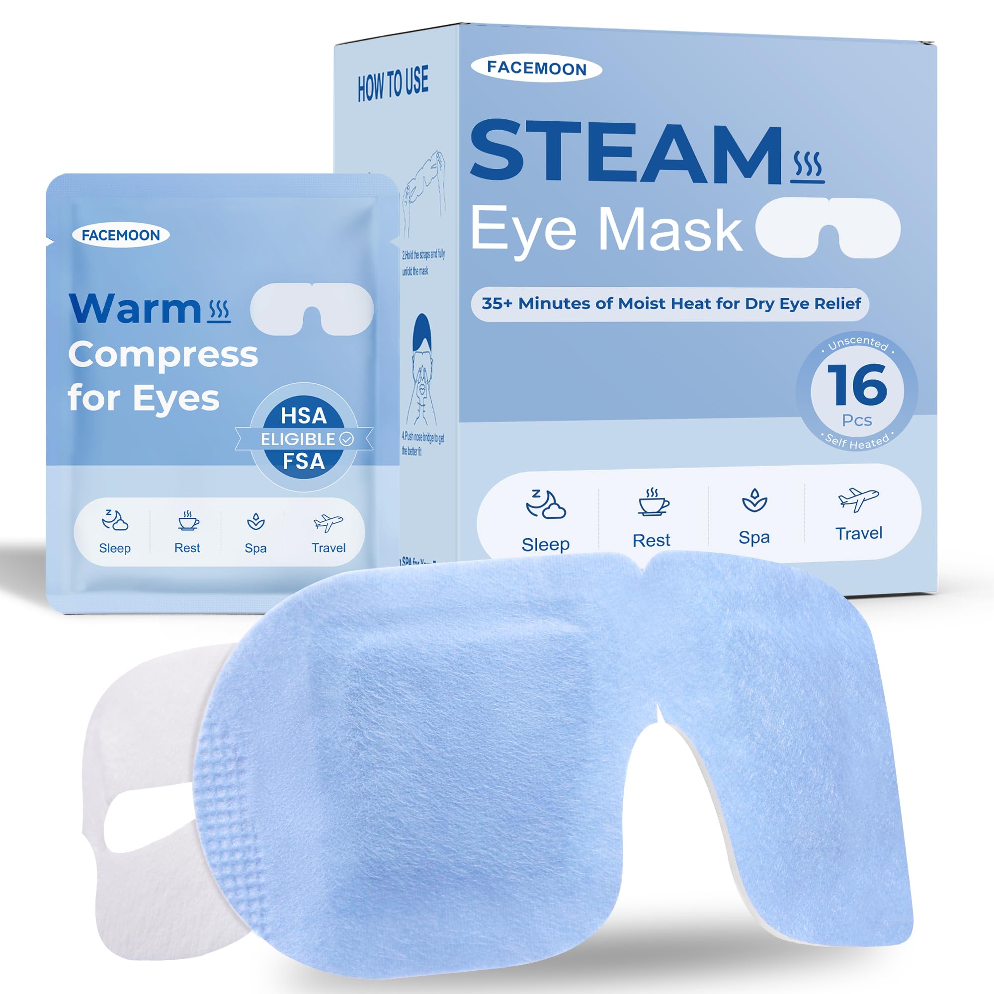 Photo 1 of 16 Packs Steam Eye Mask for Dry Eyes: Self Heating Moist Warm Compress for Stye & Digital Eye Strain - FSA&HSA Eligible -Disposable, No Microwave Needed, Travel Essential, Deep Sleep Relief, Unscented