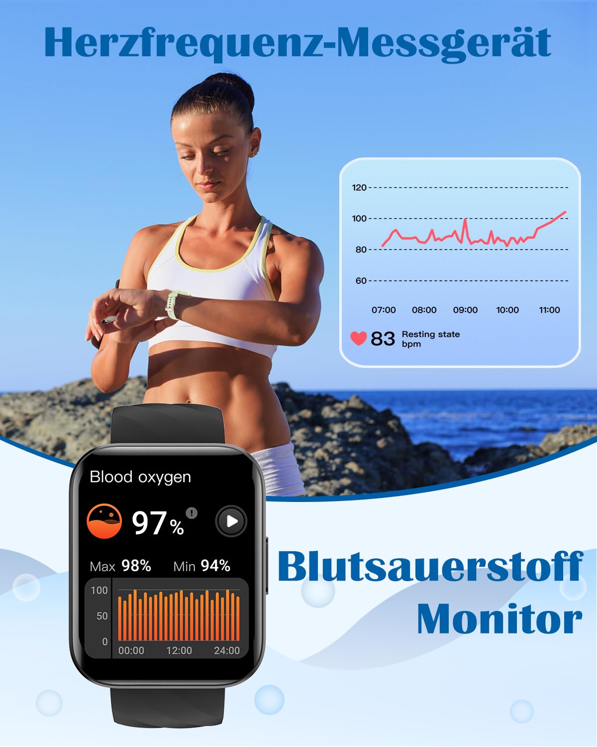 Smartwatch für Damen Herren Bluetooth-Anruffunktion 1.85" HD Fitnessuhr 4