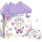 70th Birthday Gifts for Women Butterfly 70th Birthday Gift Bag with Purple Wrapping Paper Card Sticker Envelope for Her, Wife, Mom, Grandma, Sisters, Cheers to 70 Years Old Presents 1956 Party Decorations
