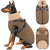 Queenmore Dog Coats for Large Dogs, Dog Jacket, Warm Fleece Winter DogCoat with Harness Built in, Back Zipper Pet Jacket for Large Breeds, Thick Fleece Lining Pet Snowsuit, Brown 2XL