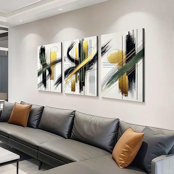 3 PCS FRAMED ABSTRACT WALL ART MODERN GALLERY PRINTS BLACK GREEN GOLD LINES CANVAS PAINTING MINIMALIST POSTER PICTURE LIVING ROOM BEDROOM OFFICE WALL DECOR 16X24 INCH READY TO HANG