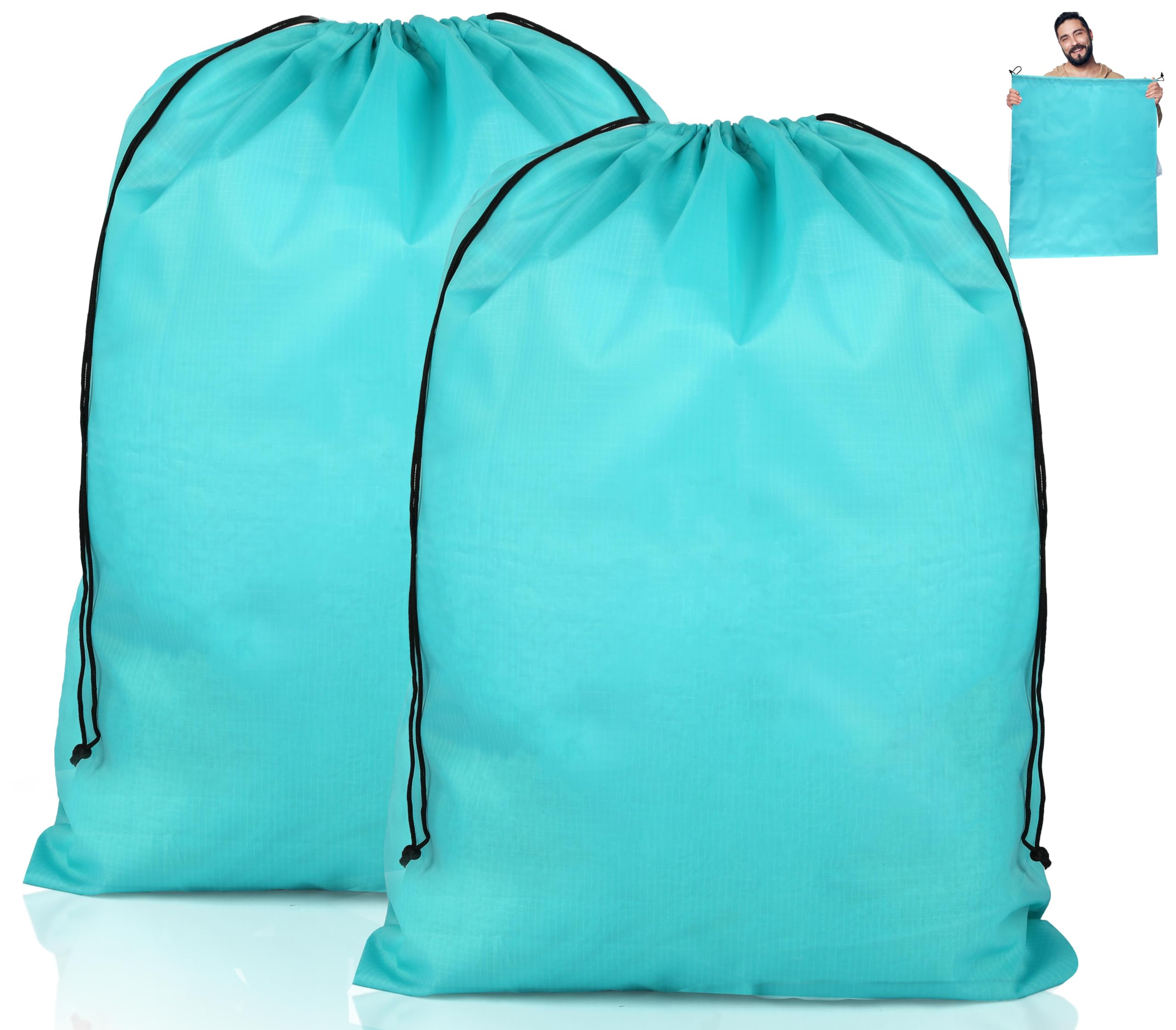 2 Pcs Travel Laundry Bag, Foldable Drawstring Bags, Tear Resistant Large Laundry Bag, Storage Bag for Dirty Clothes Toys Shoes Camping Outdoor, 60 x 80 cm, Blue