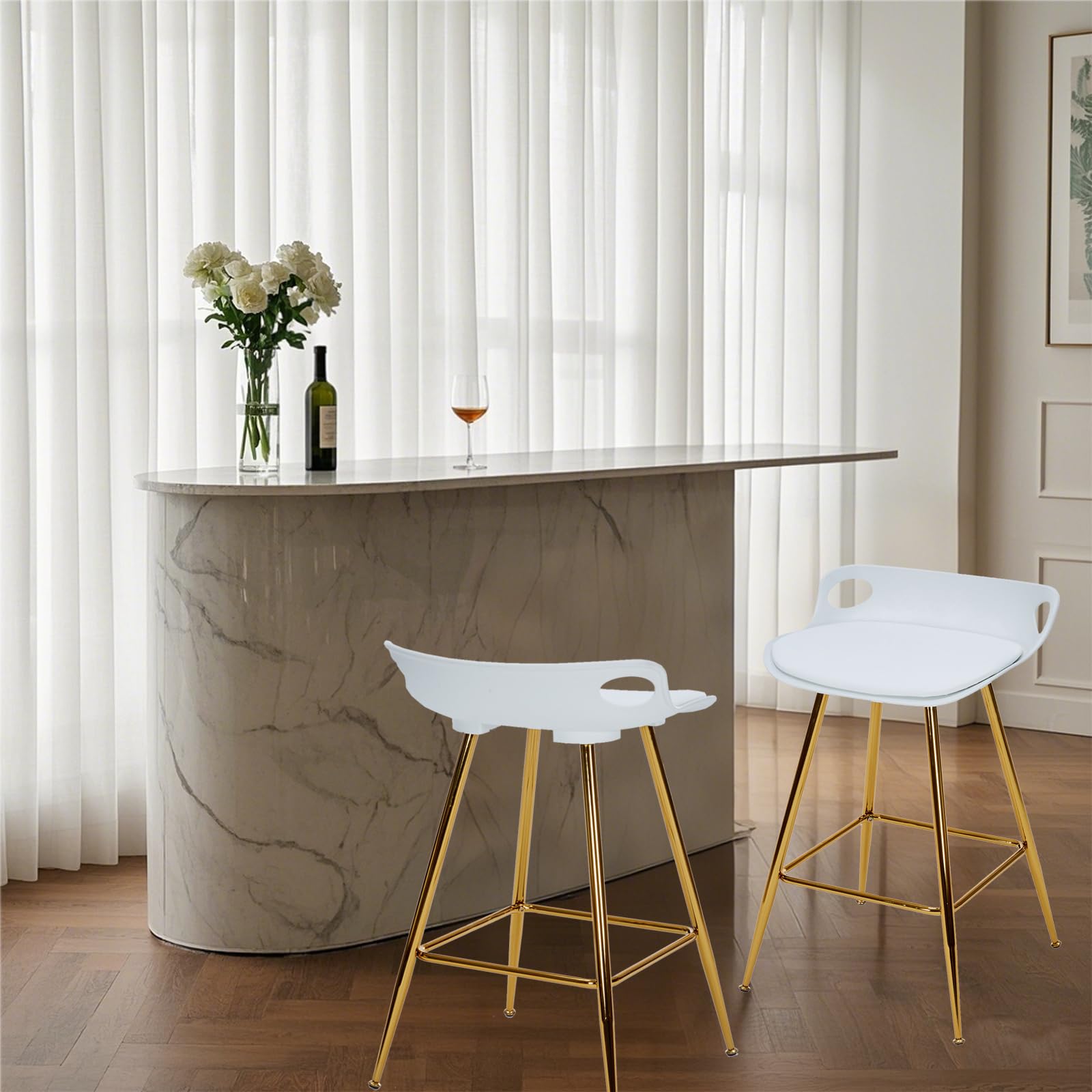 Photo 1 of *** HAS DAMAGED SEAT BACKING *** Sidanli Bar Stools Set of 2, Gold Bar Stools, Counter Height Stools with Leather Padded Seats and Footrests, 26 Inch White Barstools for Kitchen Island, Farmhouse or Home Bar