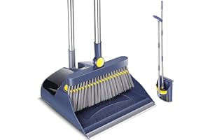 Almcmy Broom and Dustpan Set with 47" Long Handle, Dustpan with Broom Combo Set, Upright Standing Dust Pan with Comb Teeth, Stand Up Broom and Dustpan Set for Sweeping Indoor Lobby Office Kitchen