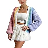 COOLOYA Women's Color Block Open Front Rainbow Light Cardigan Long Sleeve Chunky Knit Sweater Loose Cropped Tops