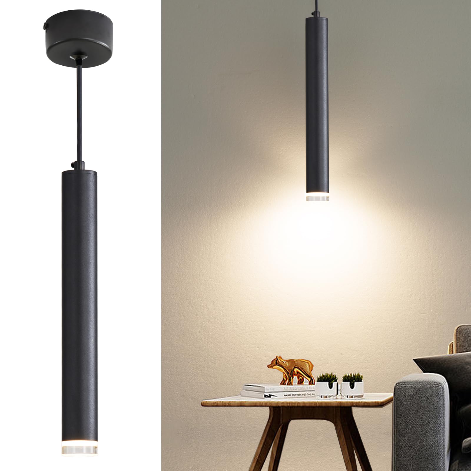 Modern LED Minimalist Cylinder Pendant Light - 3 Color Temperatures 3000k/4500k/6500k - Height Adjustable 1.4M Acrylic Pendant Light for Bedroom, Dining Room, Bar - 1 Pack