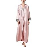 FEOYA Women's 2 Piece Satin Nightgown and Robe Sexy Silk Lace Pajamas Set Long V Neck Sleepwear for Ladies