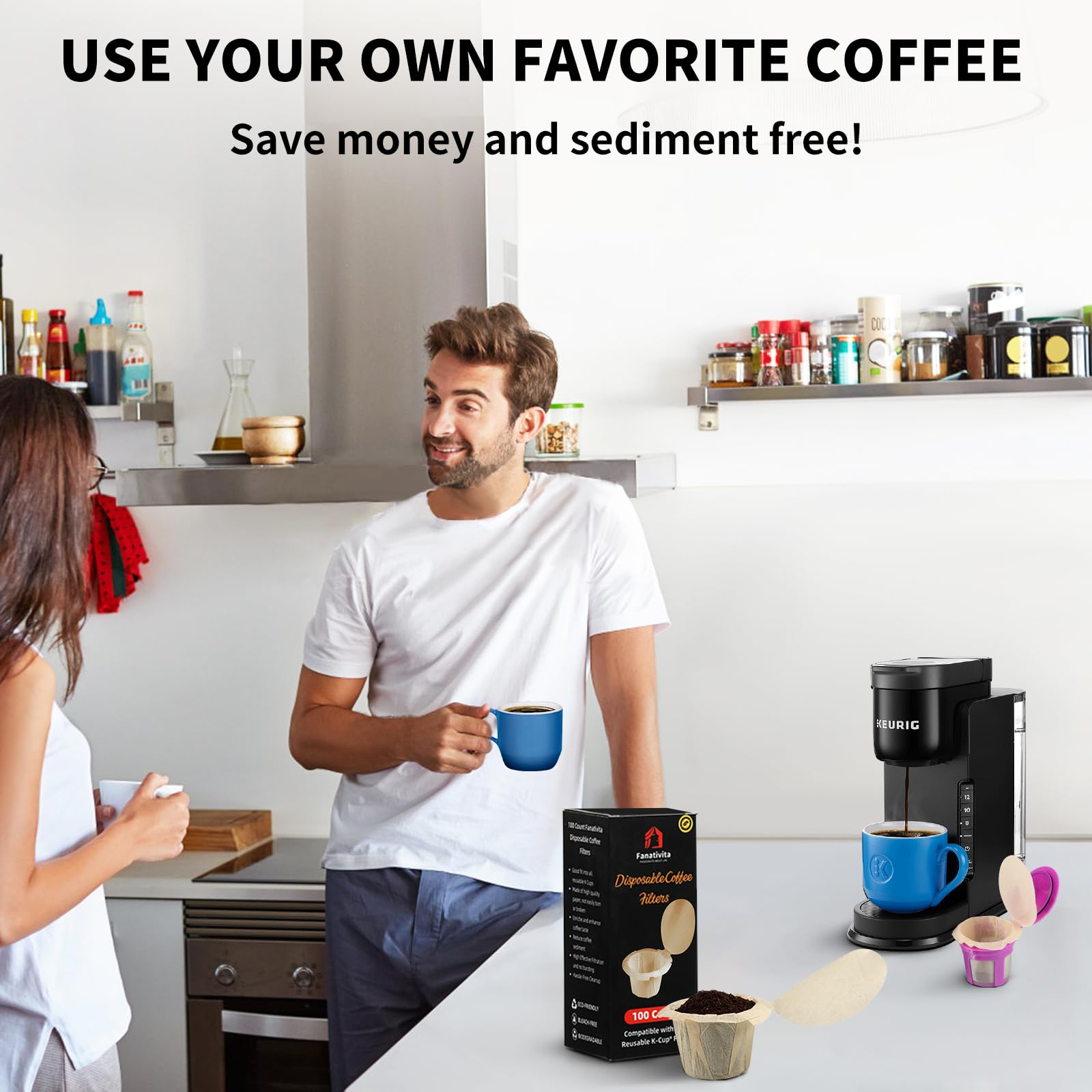 100 Count Fanativita K Cup Filters Disposable with Genius Lid Design, Fit All Reusable K Cups for Keurig (Unbleached)