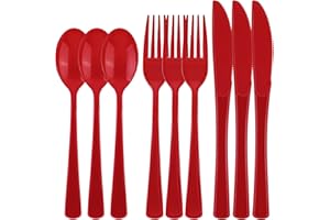 Kochorie 300 Pieces Red Plastic Silverware Heavy Duty Plastic Cutlery Set Heavyweight Disposable Flatware Includes Spoons Forks Knifes for Birthday Party Prom Night Wedding Dinner
