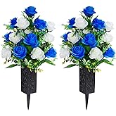 LVXINLI 2 Sets Artificial Cemetery Flowers,Memorial Flowers,Beautiful Arrangements for Headstones,Black Plastic vase with Drainage Hole Long Spikes Outdoor Memorials(Dark Blue)…