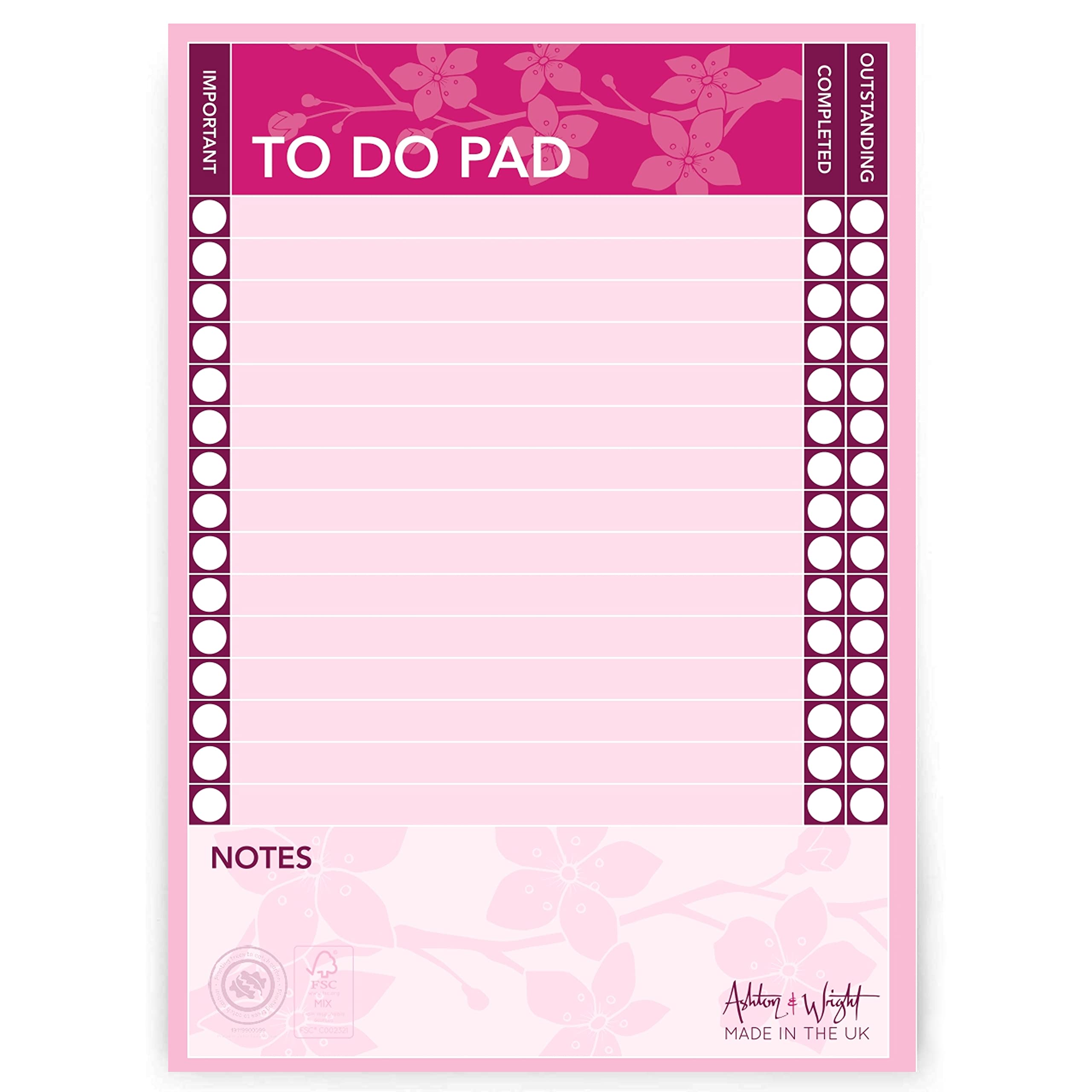 Ashton and Wright - Cherry Blossom - A5 to Do Pad/Daily Schedule Planner/Desk Pad - 60 Sheets - 80gsm - Made in UK
