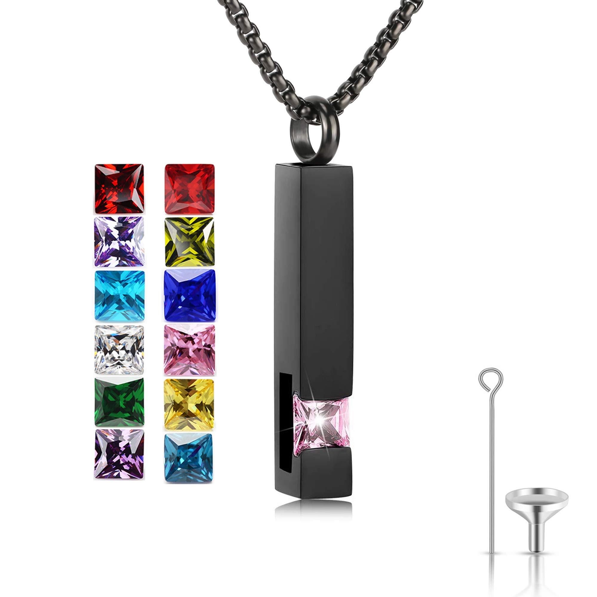 Birthstone Cuboid Locket Urn Necklaces for Ashes Cremation Jewellery Urns for Human Ashes Memorial Urn Keepsake Pendant