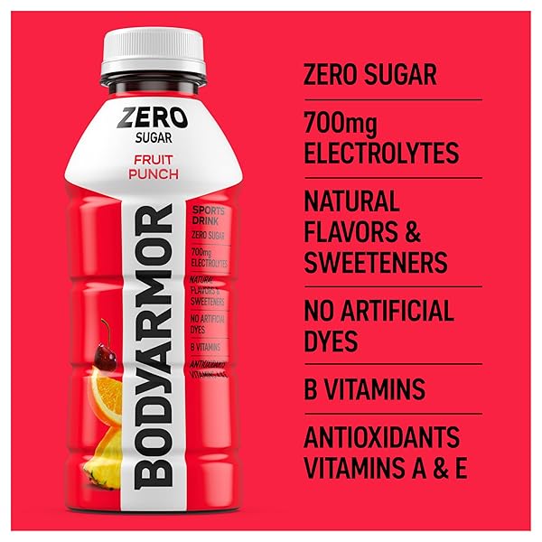 BODYARMOR ZERO SUGAR FRUIT PUNCH, SUGAR FREE SPORTS DRINK – LOW-CALORIE HYDRATION – NATURAL FLAVORS WITH POTASSIUM PACKED ELECTROLYTES, ANTIOXIDANTS, AND B-VITAMINS, 16 FL OZ (PACK OF 12)