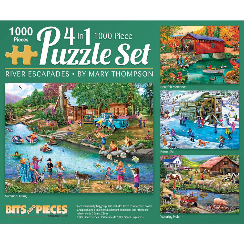 Bits and Pieces - 1000 Piece Jigsaw Puzzle for Adults - River Escapades 4-in-1 Multi-Pack Set - 1000 pc Country Water Scene Jigsaw by Artist Mary Thompson