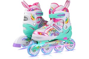 Unicorn Rainbow Inline Skates for Girls Teens Womans,4-Pejiijar Roller Skates for Girls Ages 6-8-12 w/Luminous Wheels,Kids Adjustable Roller Shoes for Birthday Xmas Gifts