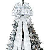 Joeoy Christmas Tree Topper Bow, 53"x 13" Large Handmade Decorative Bows with Glitter Snowflake Wired Ribbon Long Streamer for Home Christmas Decoration, White/Silver