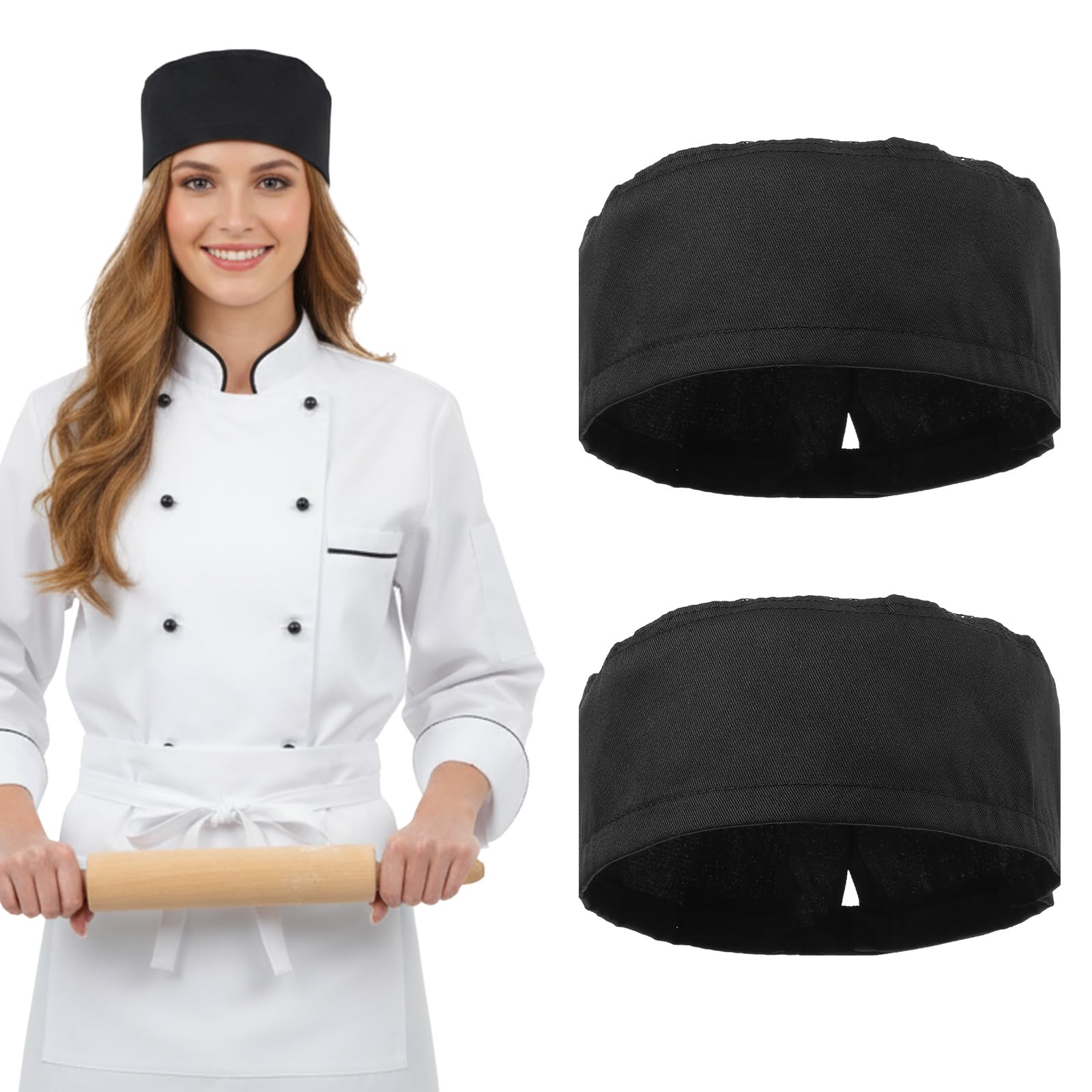 Photo 1 of 2 Pack Black Chef Skull Cap, Unisex Chef Hats Adjustable Kitchen Cooking Caps with Breathable Mesh Top Black Extra Large Size for Men and Women