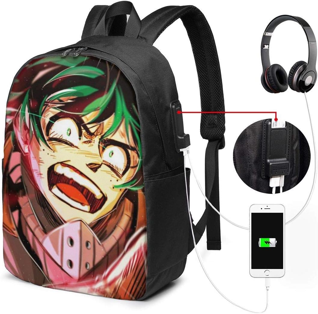 Boku No Hero Academia 17in Casual Schoolbag Lightweight Daypack Bookbag Laptop with Charging Port and Headphone,Large Capacity Students Backpack