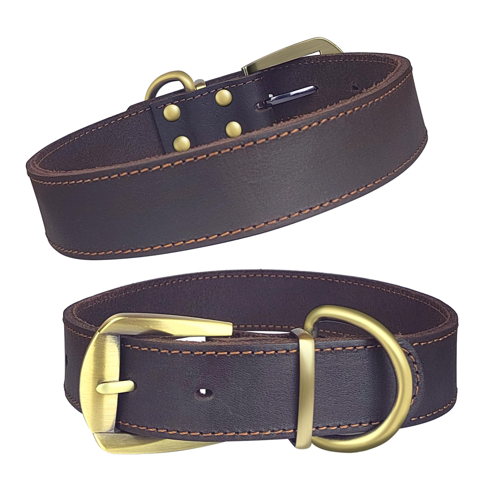 Qianruida Genuine Leather Dog Collar Adjustable Heavy Duty Dog Collar for Walking & Training Soft Comfortable Strong Pet Collars for Medium Large Dogs, Brown, XL