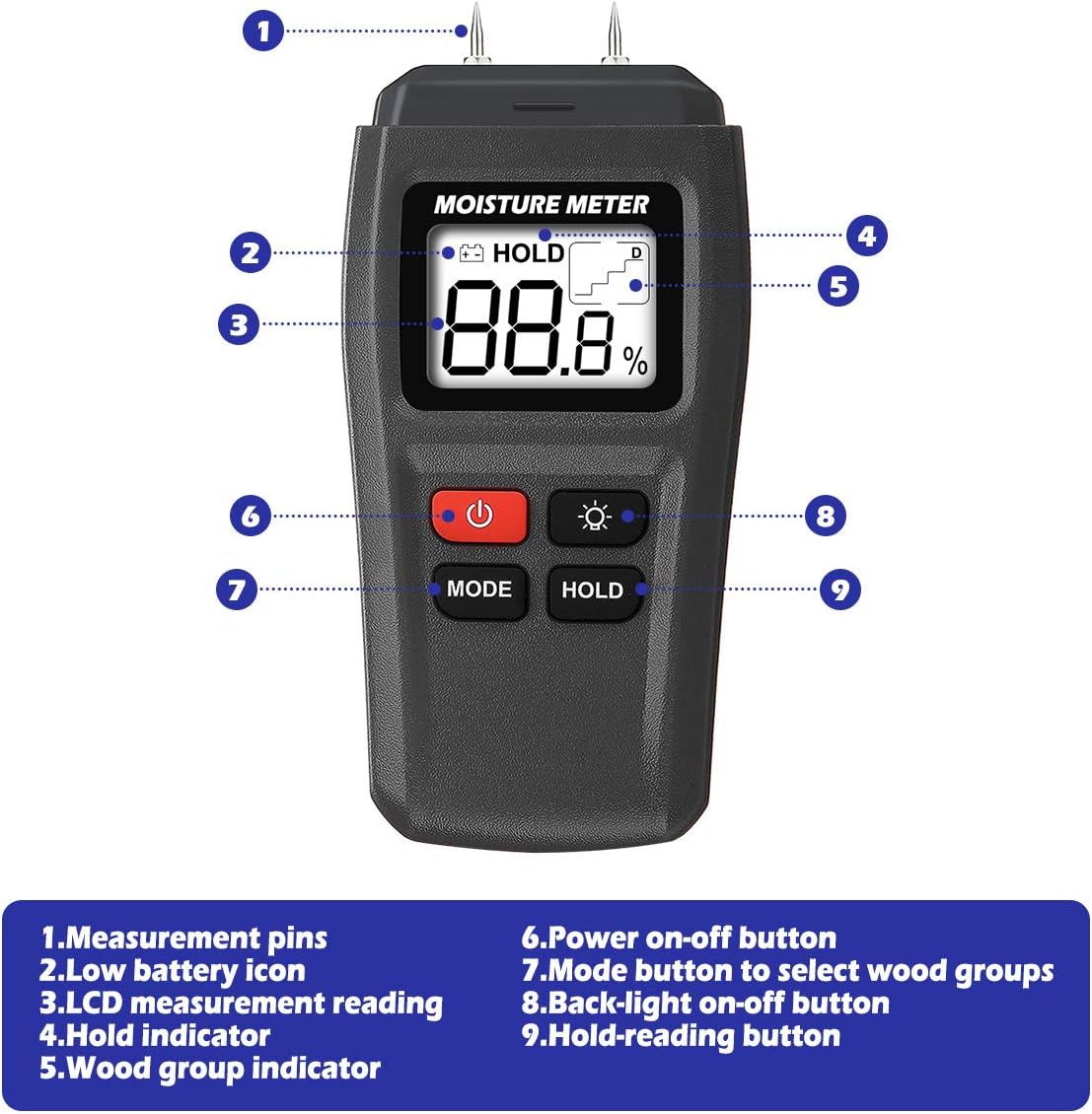 Wood Moisture Meter, Digital Logs Moisture Meter Damp Meter / 099