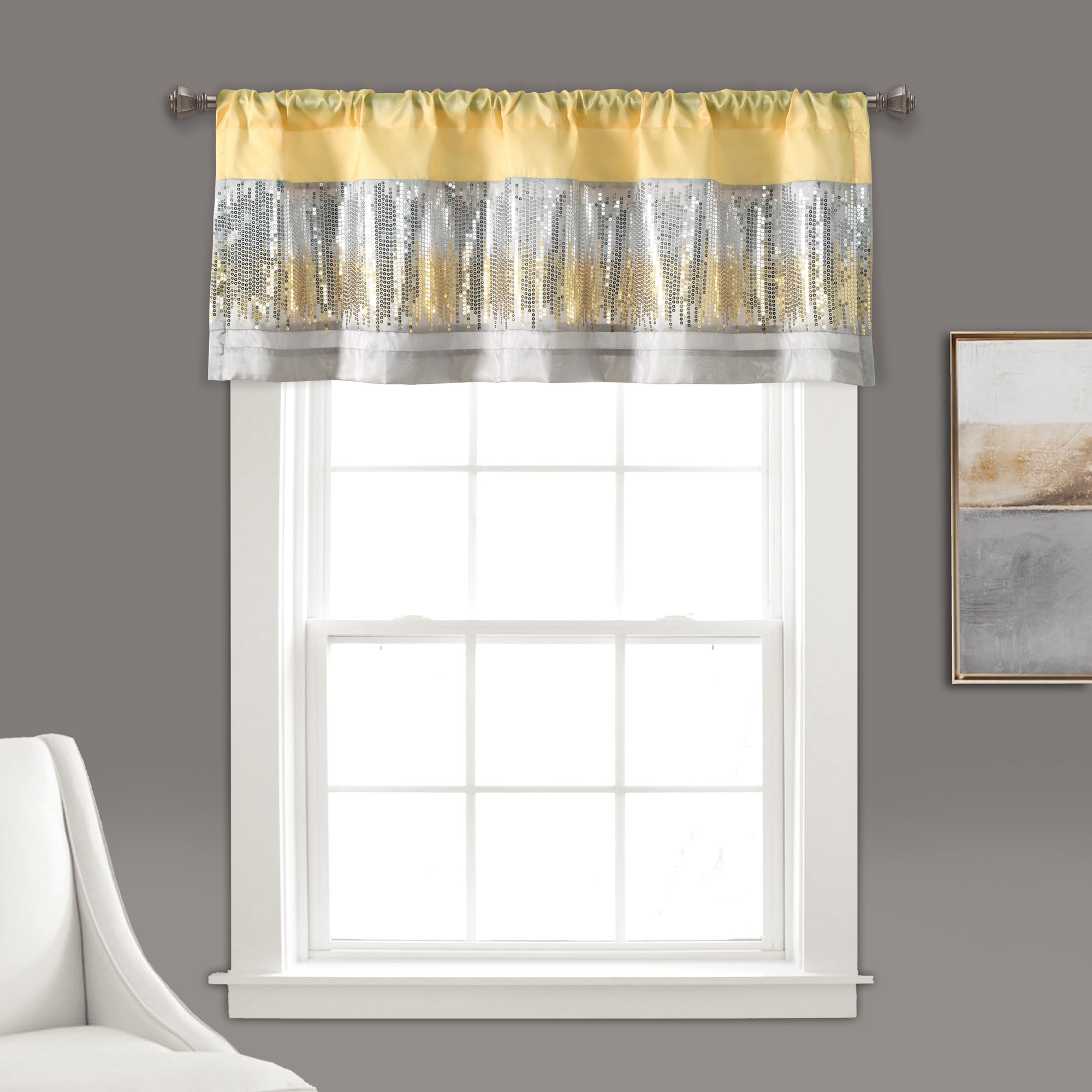 Lush Decor Night Sky Valance, Single, 52" W x 18" L, Yellow & Gray - Sequin Curtain - Sparkle & Color Block - Kitchen Curtain Valance - Modern Glam Decor - Bathroom Or Kitchen Valance For Windows