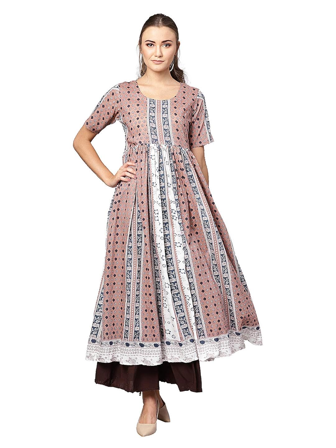 Buy Ives Brown Printed Anarkali Knee Length Kurti For Women at Amazon.in