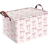 Pink Bow Storage Basket Waterproof Canvas Toy Storage Bin Coquette Room Decor Collapsible Outdoor Basket with Leather Handles Pink Bow Room Decor Blanket Baskets For Closets,Bedrooms,Gifts Baskets