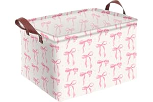 AMAZERPAD Pink Bow Storage Basket Waterproof Canvas Toy Storage Bin Coquette Room Decor Collapsible Outdoor Basket with Leather Handles Pink Bow Room Decor Blanket Baskets For Closets,Bedrooms,Gifts Baskets
