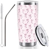 Whaline Pink Bow Tumbler Stainless Steel Travel Tumbler with Lid Straw Brush Coquette Bowknot Coffee Mug Cup for Women Friend Holiday Birthday Party Favors